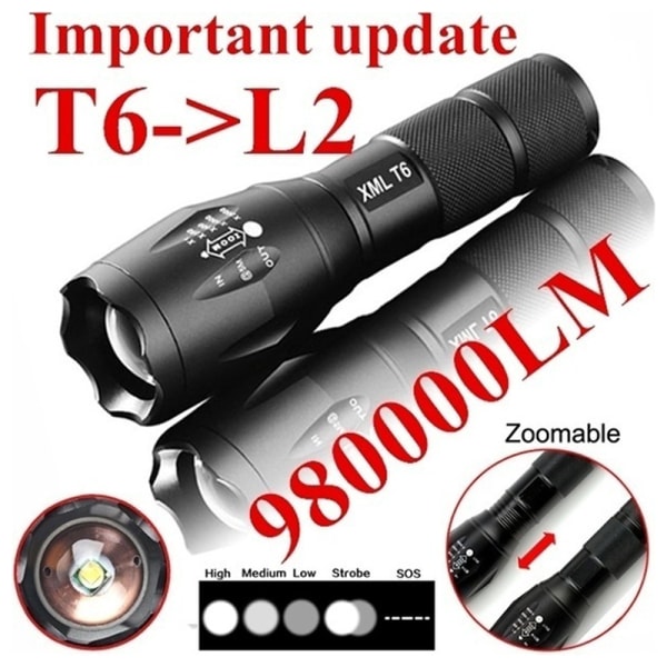 T6 Tactical Military LED-lommelykt 980000LM Zoombar 5-Modus Wi Black