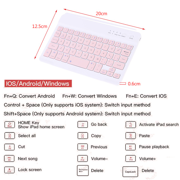 Trådløst tastatur, nettbrett, Bluetooth-tastatur og mus White