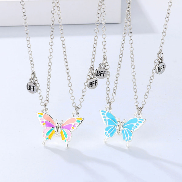 2 ST Good Friend Butterfly Halsband BFF Friendship Necklace pink+blue