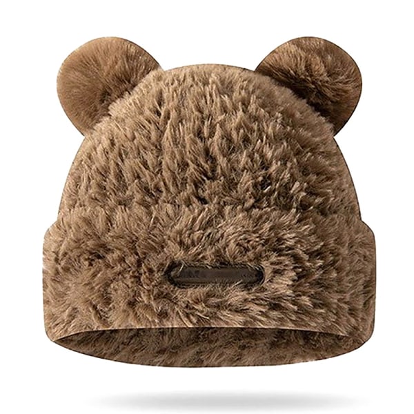 Bear Ears Plysch Beanies Hat Vinter Varm Förtjockad Stickad Cap Khaki