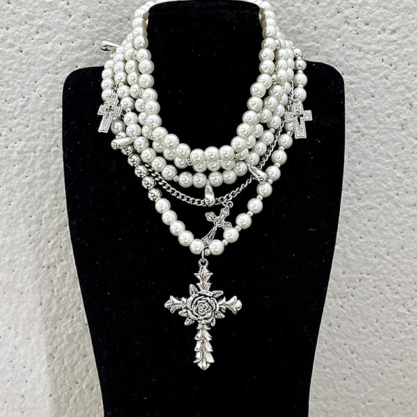 Fashion Multi-Layered Pearl Cross Pendant Halsband Smycken Gåvor one size