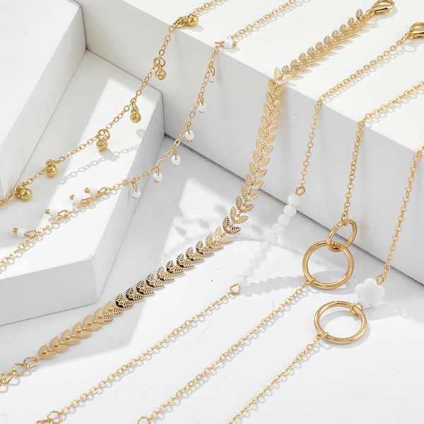 6 stk/sæt Boho armbånd sæt kvinder kvaster blade cirkulære kæder Gold