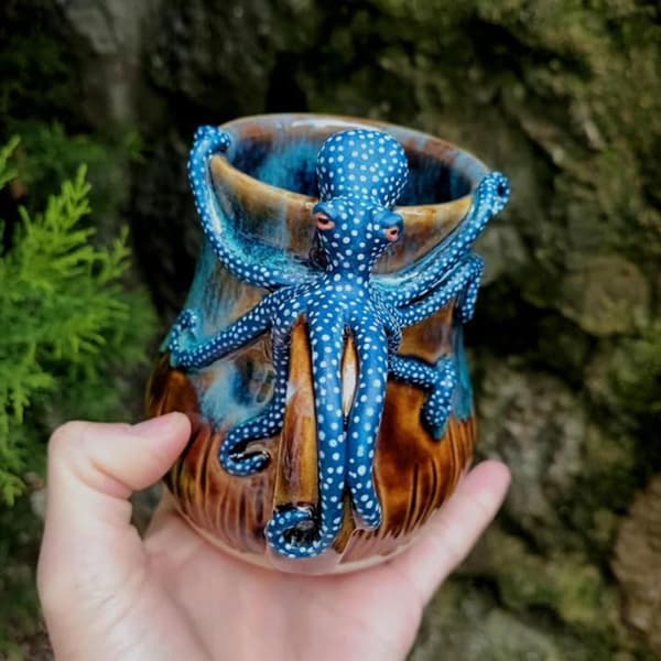 Djupblå Bläckfisk Mugg Handgjord Staty Havsdjur Mugg Nyhet Dr Blue