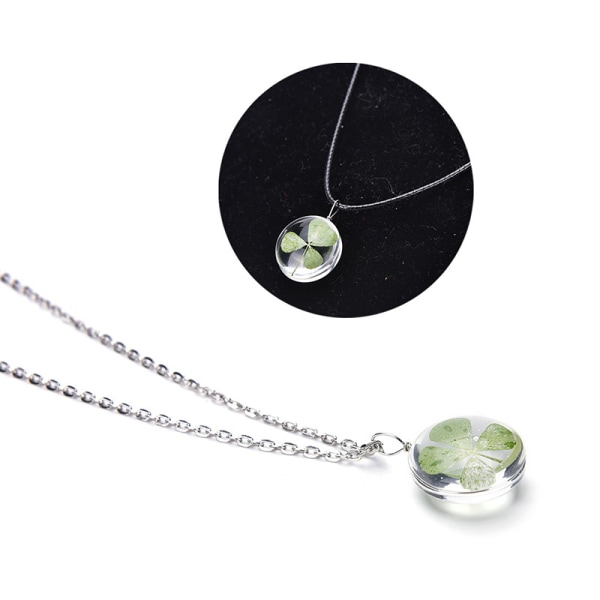 Ægte Grøn Lucky Shamrock Firkløver Runde Pendant Neckla black