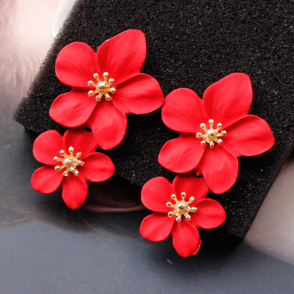 Vintage doble blomst drop øredobber dingle fest smykker Red
