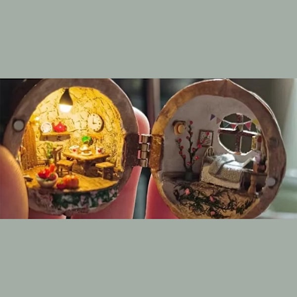 Harpiks valnøddeskal dukkehus Miniature dukkehussæt G