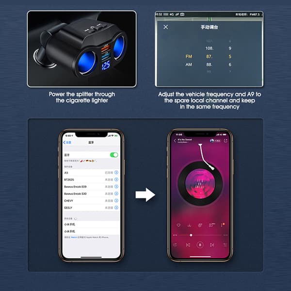 USB-billader 2 stikkontakter med LED-spenningsskjerm Biltilbehør Black