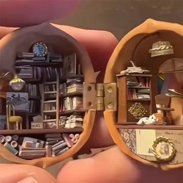 Harpiks valnøddeskal dukkehus Miniature dukkehussæt E