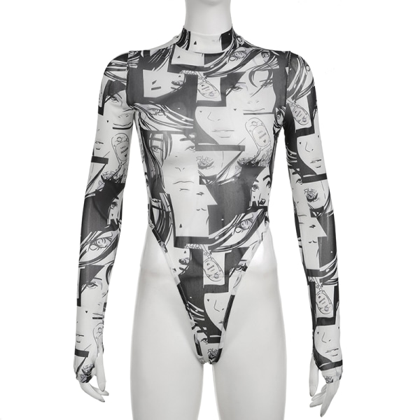 Mesh läpinäkyvä bodysuit naisten printed käsireikähihainen T-paita Black M
