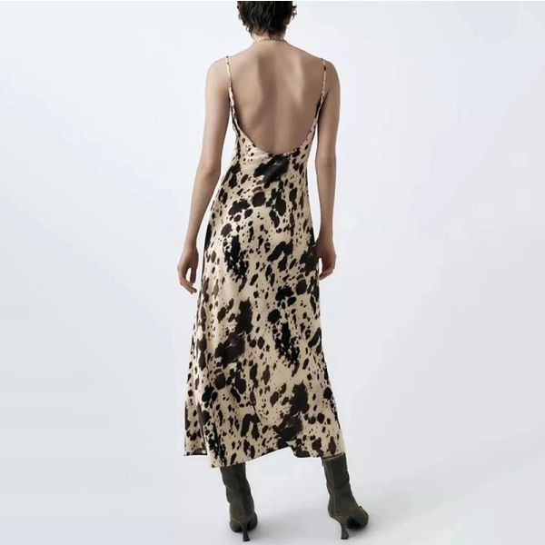 Dam Leopard Print Djup V-ringad Kvinna Backless Solklänningar color S