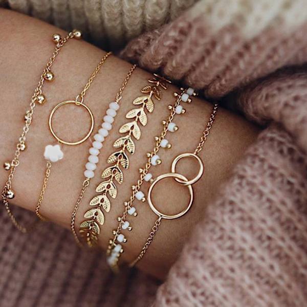 6 stk/sæt Boho armbånd sæt kvinder kvaster blade cirkulære kæder Gold