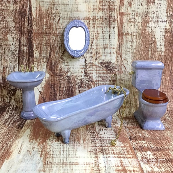 Dukkehus miniature blåt porcelæn badeværelsessæt