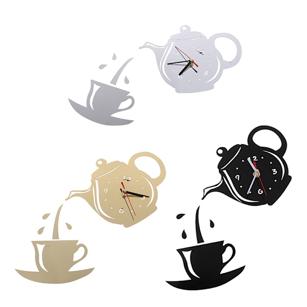 DIY Akryl Kaffe Kopp Te Kanne 3D Veggklokke Dekorativ Silver