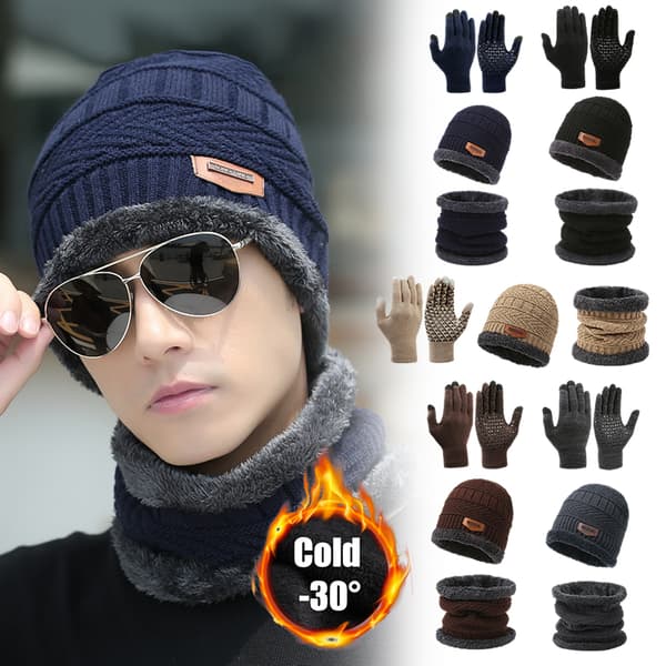 Winter Warm Cap Scarf Glove Herr Thermal vindtät stickad mössa Blue