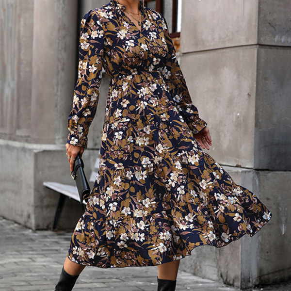 Kvinners mote Botanisk blomstertrykk Ruffle V-hals kjoler NavyBlue XL