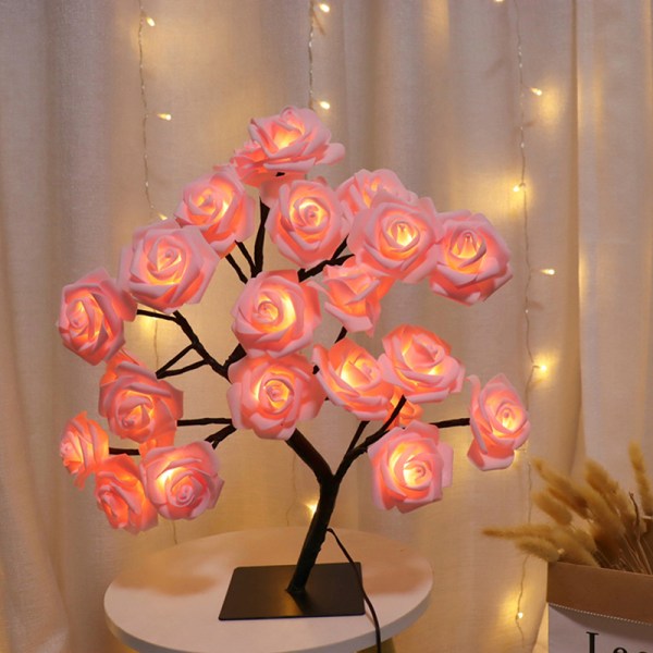 LED-lampe lys Rose Flower Tree USB nattlys pink with white