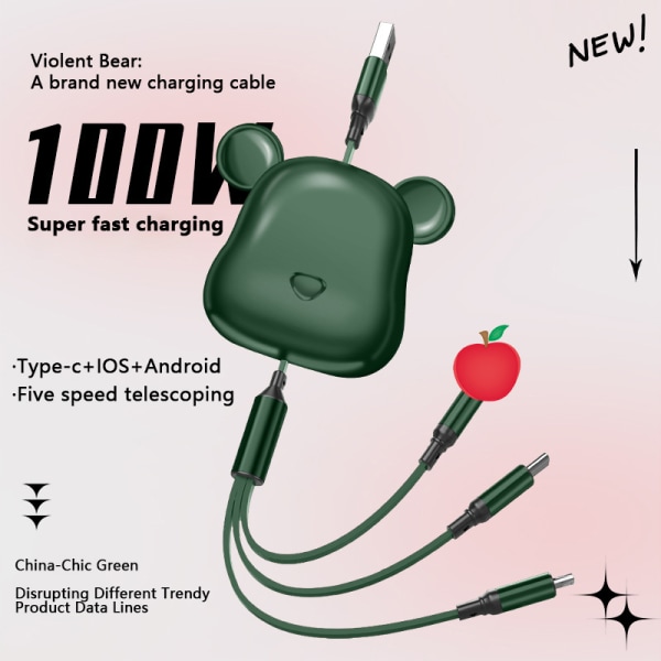 Bear 66W 3 in 1 sisäänvedettävä kannettava Lightning Micro USB Type C Red