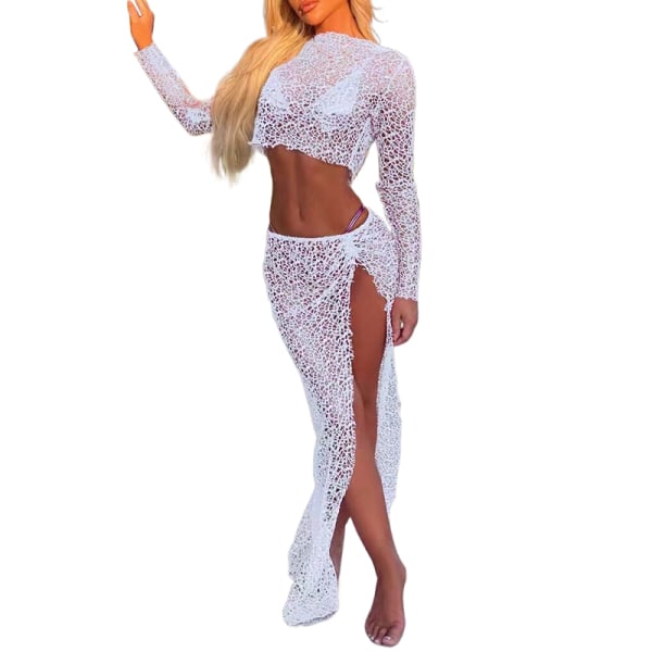 Sexiga mesh 2-delade set för kvinnor Crop Tops Kjolar Strandklänning White S