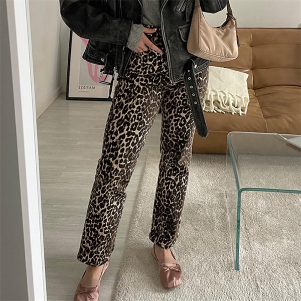 Dame jeans Tan Leopard Jeans Bukser Talje Lige bukser leopard print M