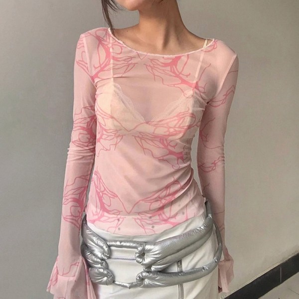 Tie Dye Mesh Topit Pitkähihainen Graafinen Print See Through T-paita Pink L