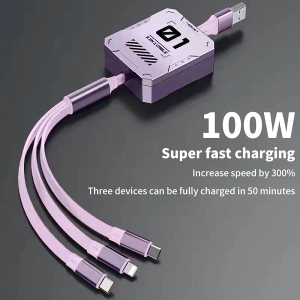 3-in-1 Datakaapeli Super Fast Charge 100 W laturi Purple