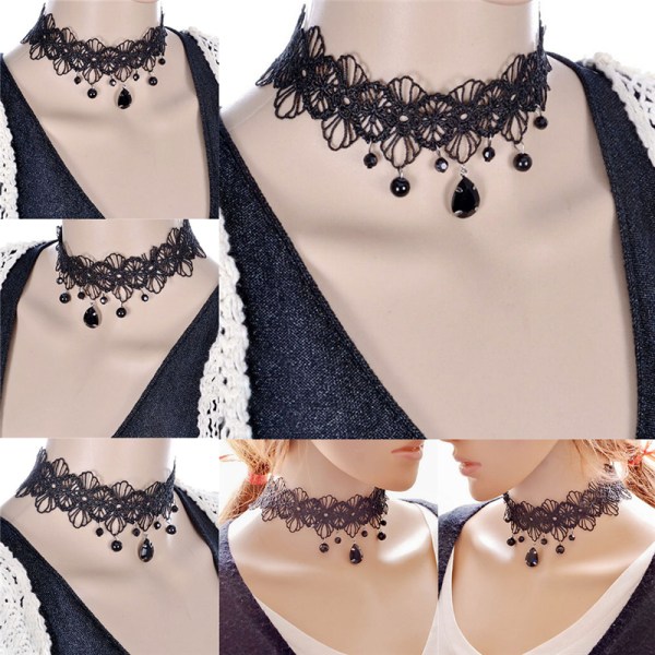 Mode gotisk sort blonder Retro Choker Collar Flower Pendant