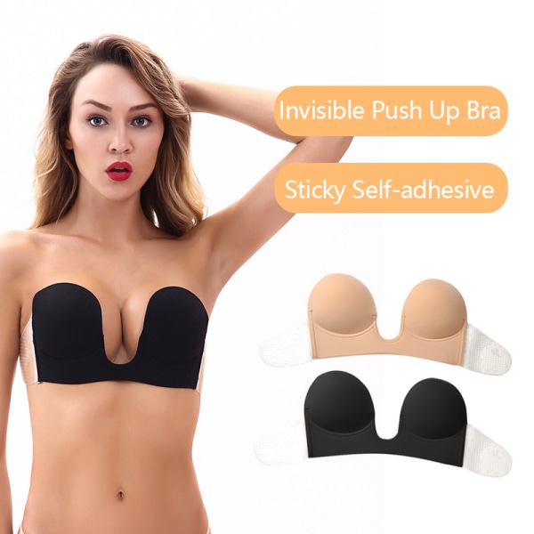Invisible Push Up Stropløs BH Sticky U Plunge BH Black C