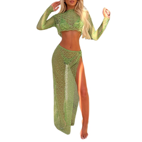 Kvinders sexet mesh 2-delt sæt Crop Tops Nederdele Strandkjole Green L