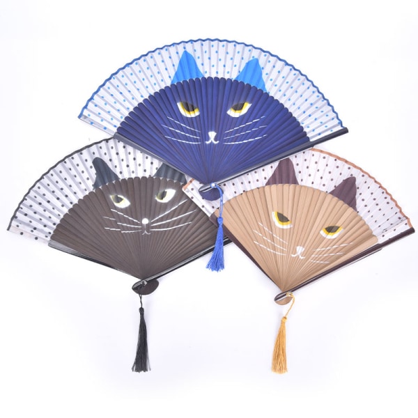 Cat Sarjakuva Silkki Japan Style Käsituulettimet Kädessä pidettävät taitettavat tuulettimet Black