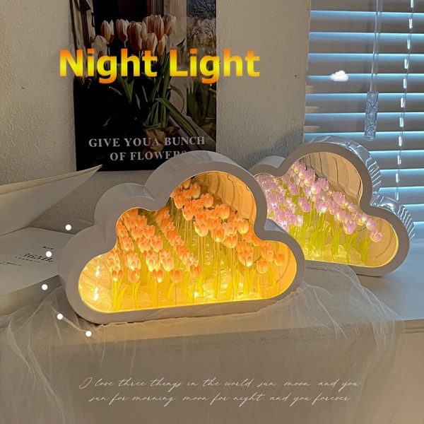 Cloud Mirror Tulip Lampe DIY Night Light Soveværelse Ornamenter pink