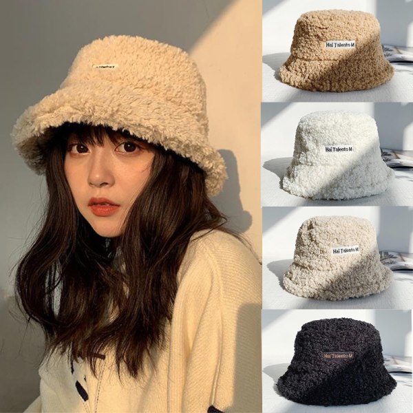 Lammeuld Bøttehat Vinter Varme Hatte Lady Flat Top Cap Beige