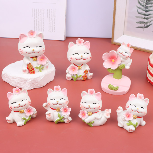 Resin Lucky Cat Ornament Cherry Blossom Cats Telefonställshållare E