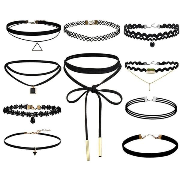 10 Stykker Choker Halskæde Sort Klassisk Fløjl Stræk Gotisk Black Set