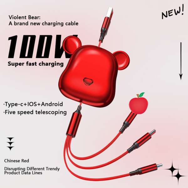 Bjørn 66W 3 i 1 udtrækkelig bærbar Lightning Micro USB Type C Red