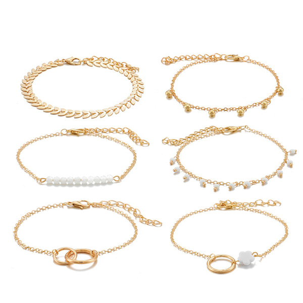 6 stk/sæt Boho armbånd sæt kvinder kvaster blade cirkulære kæder Gold