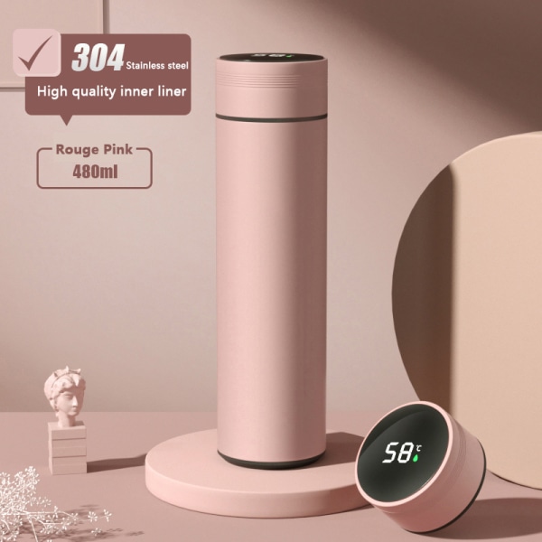 480 ml vannflaske i rustfritt stål termostemperaturdisplay Pink