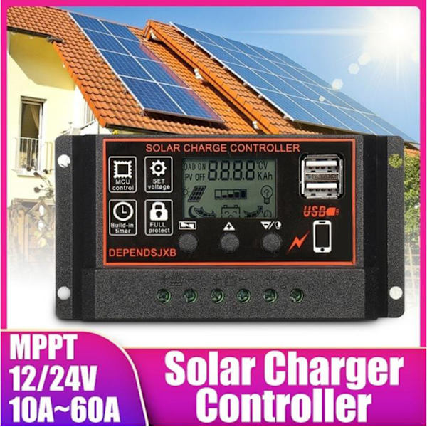 10A-60A MPPT 12V/24V aurinkolatausohjain USB Dual Solar Pa Black 30A