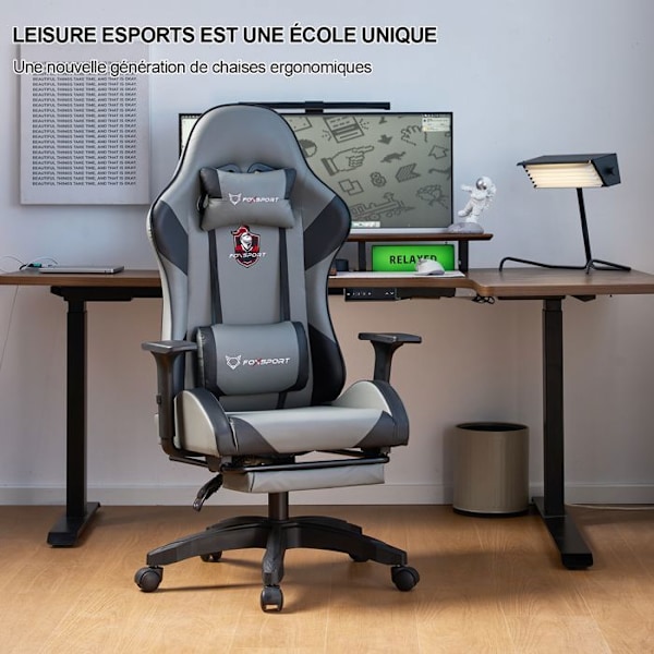 Gamingstol - FOXSPORT - Ergonomisk - Nejsbar 90°-155° - Maxvikt 200KG - Grå Grå