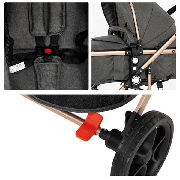 K IKIDO 2-in-1 yhdistelmävaunu, säädettävä selkänoja, 5-piste turvavyö, syntymästä 4 vuoteen, 0-25 kg, Harmaa Grå
