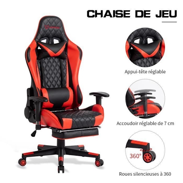 Kontorsstol, gamer-stol, justerbar gaming-stol med fotstöd, nackkudde och lumbarstödkudde - Röd