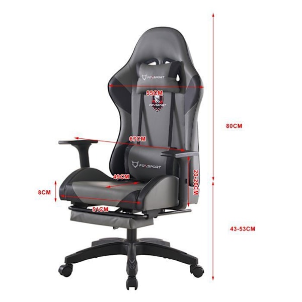 Gamingstol - FOXSPORT - Ergonomisk - Nejsbar 90°-155° - Maxvikt 200KG - Grå Grå