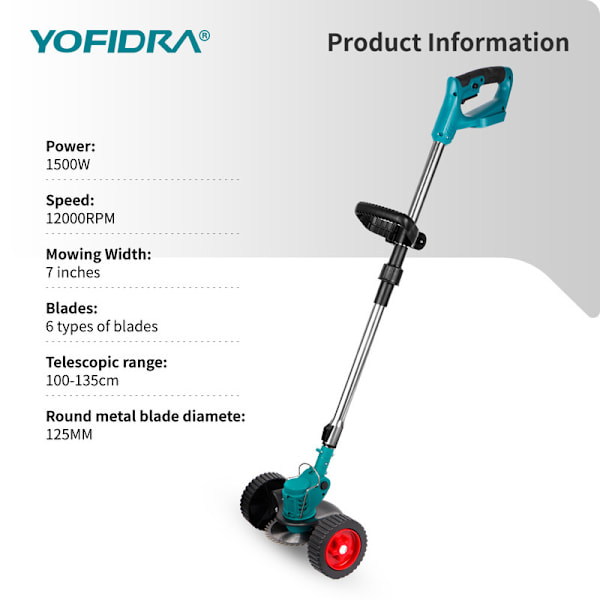 1500W 12000PRM Elektrisk Gräsklippare Sladdlös Grästrimmer Längdjusterbar Vikbar Trädgårdsredskap med 2 Batterier