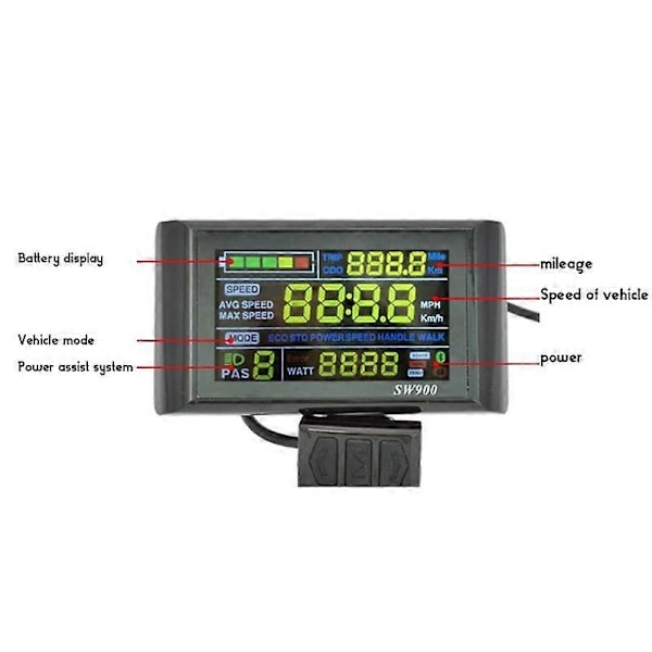 SW900 Farveskærm Smart Display Elektrisk Cykel Mountainbike LCD Display 6 Kerner Vandtæt Kabel Vandtæt Interface Black