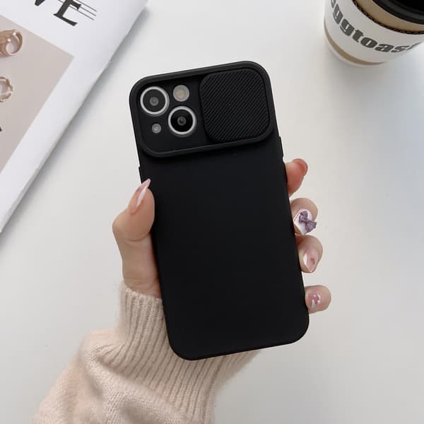 [KK]Compatible with iPhone 14 Pro; Black shockproof silicone case with iPhone, solid color sliding camera cover, soft and comfortable. black black iPhone 14 Pro