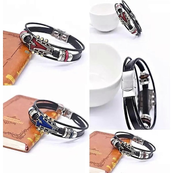 Retro Faux Läder Gitarrarmband, Zinklegering Rockmusik Gitarr Läderarmband Black