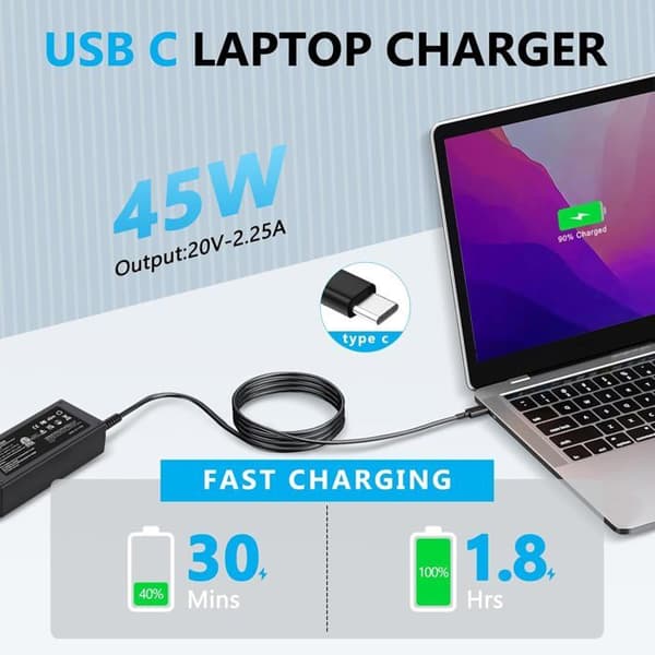 45W USB-C oplader til HP, Dell, Huawei, Matebook, ASUS, Acer, Google, Samsung, USB-C strømforsyning, Chromebook-adapter, PC