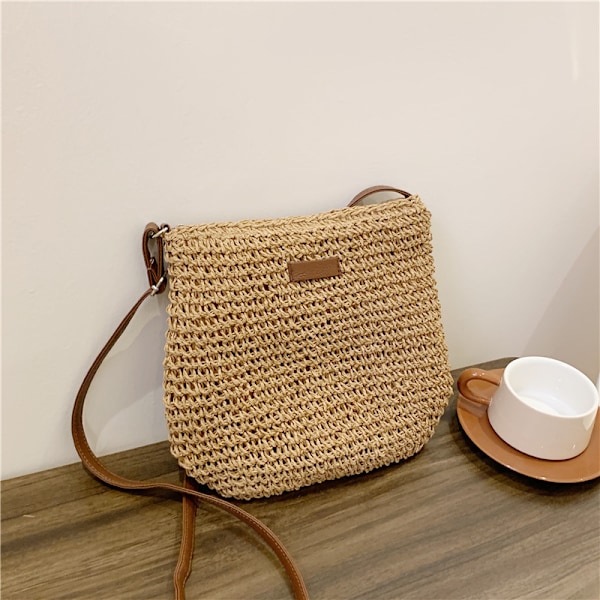 Sommarhalm Crossbody-väska Kvinnor Strand Semester Vävd Axelväska Handväskor Beige