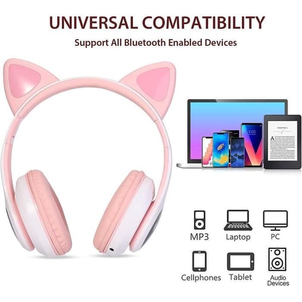 Børnehovedtelefoner - LED - Bluetooth - Pink - Støjbeskyttelse - Genopladelige