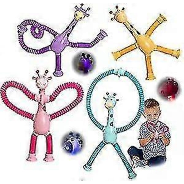 4 stk. Teleskopisk Sugekopp Giraff Leke, Formskiftende Giraff Teleskopisk Tube Tegneserie Puslespill Sugekopp Foreldre-barn Interaktiv Dekompresjonsleke- With light