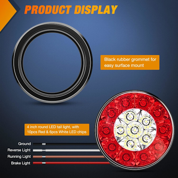 2 stk 4\" runde røde og hvite LED-tilhenger baklykter 16 LED med flush M